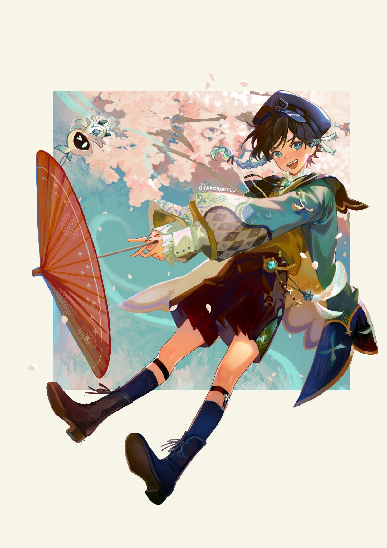1boy alternate_costume bangs barbatos_(genshin_impact) black_hair blue_eyes blue_hair blue_headwear blue_nails blue_socks braid brown_shorts cherry_blossoms english_commentary feathers frilled_sleeves frills genshin_impact gradient_hair highres male_focus multicolored_hair oil-paper_umbrella open_mouth oyakorodesu short_hair_with_long_locks shorts smile socks solo twin_braids umbrella venti_(genshin_impact) vision_(genshin_impact)