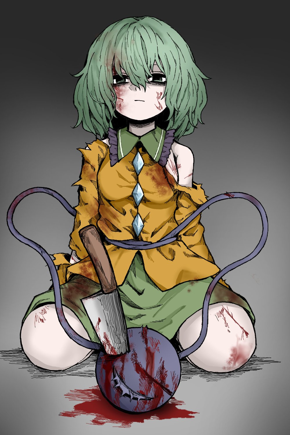 1girl closed_mouth commentary expressionless fe_(tetsu) full_body green_eyes green_hair green_skirt greyscale highres knife komeiji_koishi long_sleeves looking_at_viewer monochrome seiza shirt short_hair sitting skirt solo third_eye touhou yellow_shirt