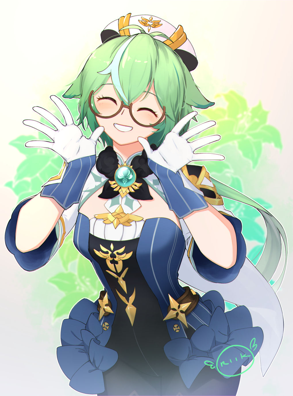1girl animal_ears black_collar closed_eyes collar commentary floral_background fur_collar genshin_impact glasses green_hair grin hands_up hat highres kiiro_desu light_blush long_sleeves looking_at_viewer multicolored_hair semi-rimless_eyewear signature smile solo streaked_hair sucrose_(genshin_impact) teeth two-tone_gloves upper_body vision_(genshin_impact) white_headwear