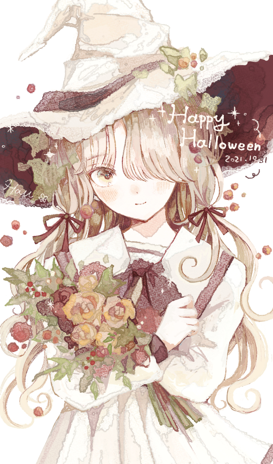 1girl 2021 artist_name bangs brown_eyes brown_ribbon collared_dress crossed_arms dress english_commentary english_text flower gradient_eyes hair_over_one_eye hair_ribbon halloween happy_halloween hat hau highres holding holding_flower leaf light_blush light_brown_hair light_smile long_bangs long_hair long_sleeves multicolored_eyes muted_color original ribbon self_hug short_twintails solo twintails two-tone_dress white_background white_dress white_headwear witch witch_hat yellow_flower