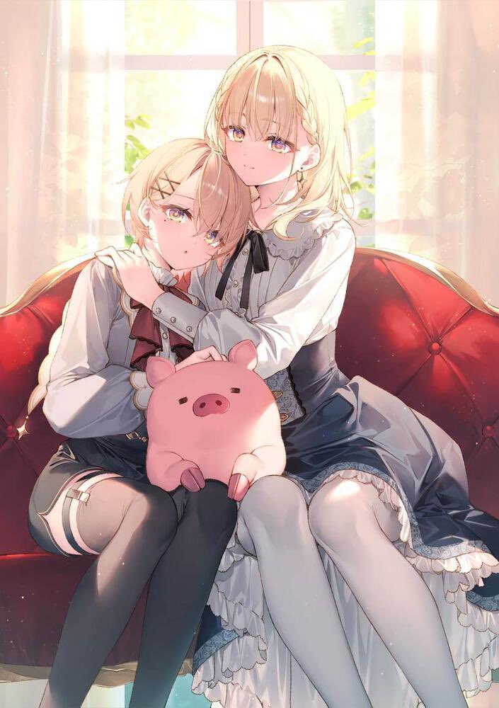 2girls animal black_ribbon black_thighhighs blonde_hair blue_dress buta_no_liver_wa_kanetsu_shiro ceres_(buta_no_liver_wa_kanetsu_shiro) closed_mouth couch cover cover_page curtains day dress frilled_dress frills head_on_another's_shoulder hug jess_(buta_no_liver_wa_kanetsu_shiro) long_sleeves multiple_girls official_art on_couch open_mouth pig ribbon shirt shorts smile thigh-highs thigh_strap thighs toosaka_asagi white_shirt white_thighhighs window yellow_eyes