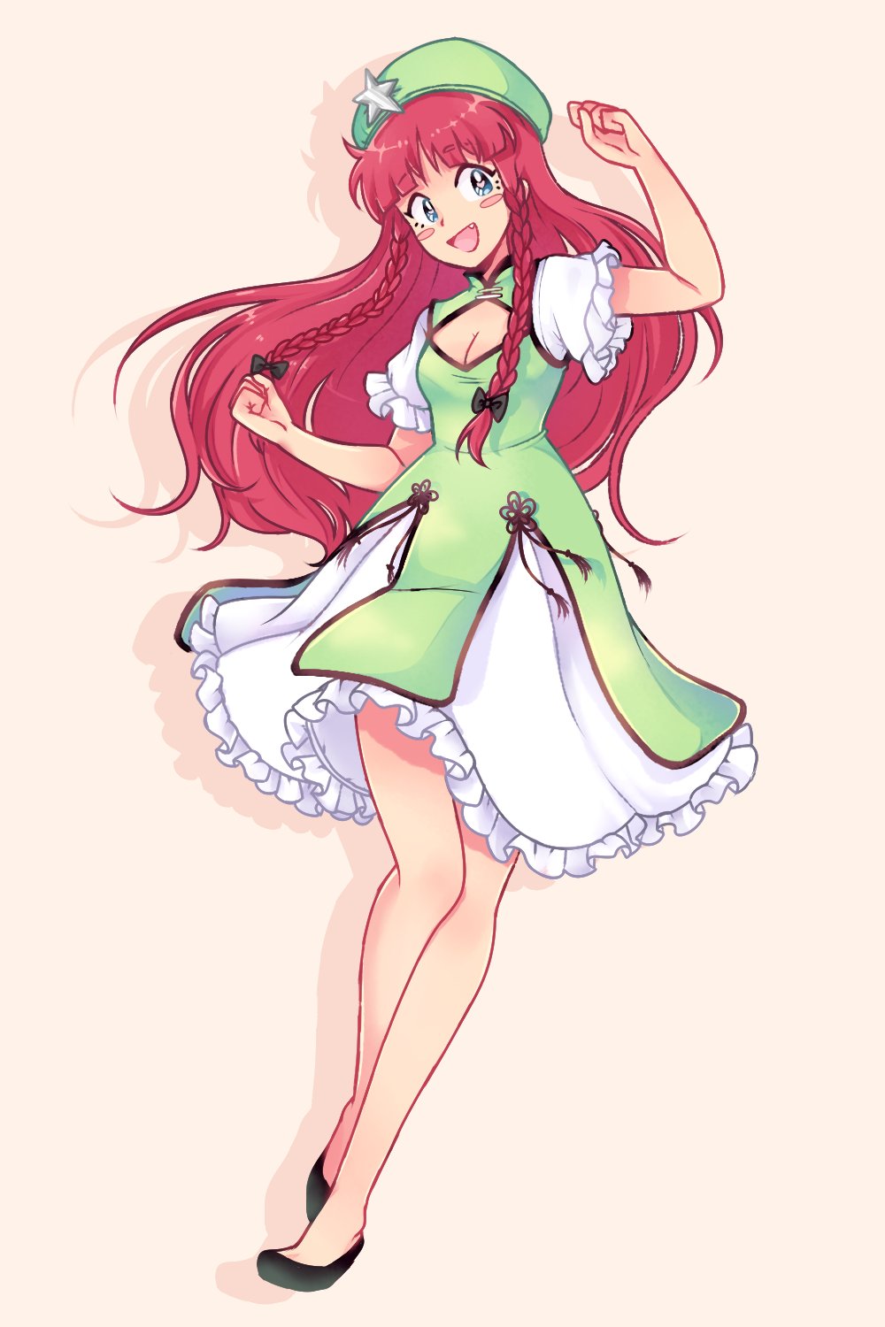 1girl blue_eyes blush_stickers braid china_dress chinese_clothes cleavage_cutout clothing_cutout dreamysuite dress green_dress highres hong_meiling long_hair official_alternate_costume redhead skirt touhou twin_braids white_skirt