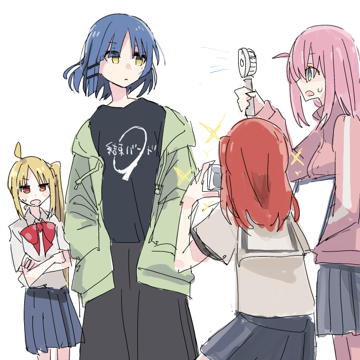 4girls blonde_hair blue_hair bocchi_the_rock! floating_hair gotou_hitori ijichi_nijika jacket kita_ikuyo long_hair multiple_girls open_mouth pink_hair pink_jacket pink_track_suit redhead ribbon school_uniform shiroshi_(denpa_eshidan) short_hair skirt sparkle taking_picture track_jacket vest yamada_ryou