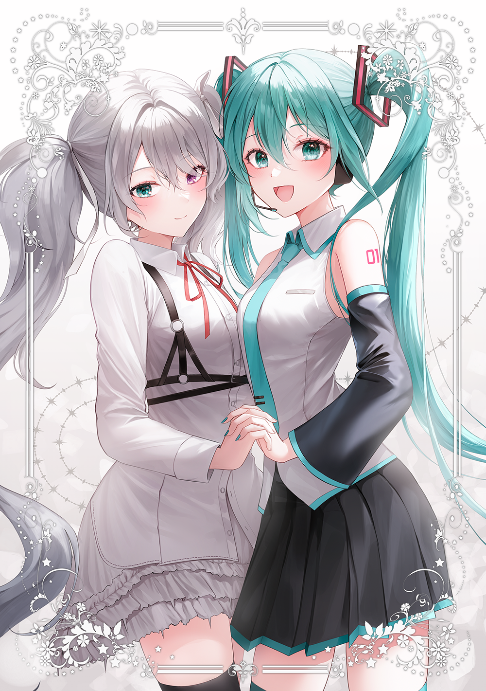 25-ji_miku 25-ji_night_code_de._(project_sekai) 2girls 723/nanahumi :d bare_shoulders black_skirt black_sleeves blue_nails breasts closed_mouth collared_dress collared_shirt commentary detached_sleeves dress gradient gradient_background green_eyes green_hair grey_background grey_hair hatsune_miku heterochromia highres holding_hands interlocked_fingers long_hair long_sleeves multiple_girls nail_polish neck_ribbon pleated_skirt project_sekai red_ribbon ribbon shirt skirt sleeveless sleeveless_shirt small_breasts smile twintails very_long_hair violet_eyes vocaloid white_background white_dress white_shirt