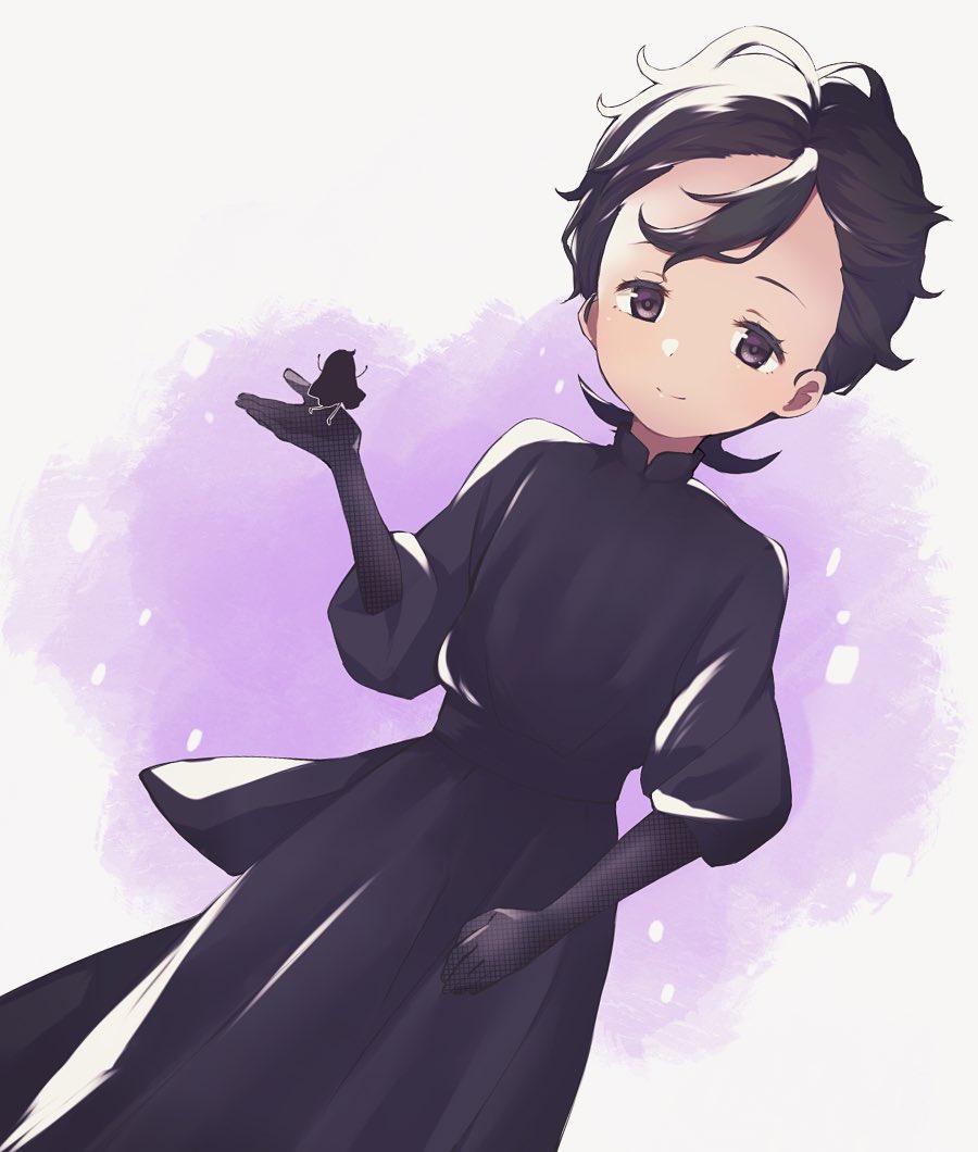 1girl 1other black_dress black_hair dress gloves holding long_dress puffy_sleeves ram_(shadows_house) shadow_(shadows_house) shadows_house shirley_(shadows_house) short_hair spoilers standing violet_eyes yomo_(yomooo1313)