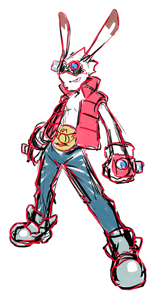 1boy blue_pants fingerless_gloves furry furry_male gloves goggles goggles_on_head grey_footwear looking_at_viewer male_focus muu_(mumumer) open_clothes open_vest pants red_eyes red_gloves red_vest shoes simple_background sketch solo standing summer_wars vest white_background