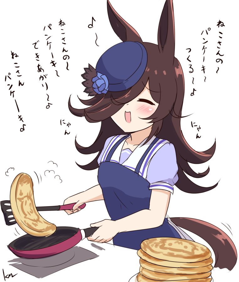 1girl animal_ears apron blush breasts closed_eyes collarbone commentary_request cooking food hair_over_one_eye hat horse_ears horse_girl kimukimu long_hair pancake rice_shower_(umamusume) school_uniform small_breasts solo tracen_school_uniform umamusume white_background