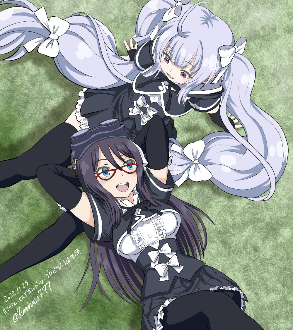 2girls :3 :d arm_support arms_behind_head arms_up assault_lily bangs black_hair black_pantyhose black_ribbon black_skirt black_thighhighs blue_eyes blunt_bangs blush bow breasts buttons center_frills commentary_request corset cropped_jacket dated day detached_sleeves frilled_shirt frilled_shirt_collar frilled_skirt frills from_above glasses goggles goggles_on_head grass grey_hair hair_between_eyes hair_bow hair_spread_out hashtag hood hood_down knives_(knives777) lap_pillow leaning_back long_hair long_sleeves looking_at_another looking_down looking_up lying mashima_moyu medium_breasts miniskirt miriam_hildegard_von_gropius multiple_girls neck_ribbon on_back on_grass on_ground outdoors pantyhose parted_lips pleated_skirt red-framed_eyewear ribbon school_uniform shadow shirt short_sleeves sidelocks sitting skirt sleeve_bow sleeves_past_wrists smile teeth thigh-highs translated twintails twitter_username underbust upper_teeth very_long_hair violet_eyes white_bow white_shirt yurigaoka_girls_academy_school_uniform zettai_ryouiki