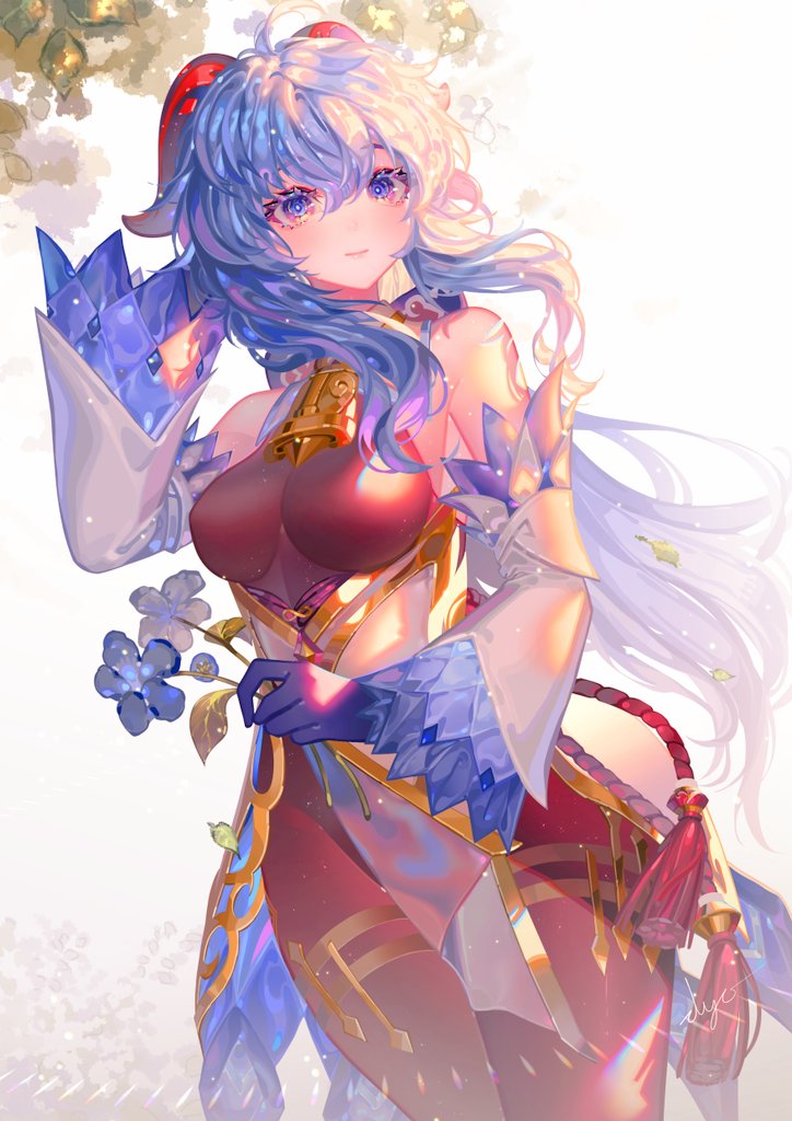 1girl ahoge bangs bare_shoulders bell blue_flower blue_hair blush breasts brown_pantyhose detached_sleeves diyokama flower ganyu_(genshin_impact) genshin_impact gold_trim holding holding_flower horns light_smile long_hair looking_at_another looking_to_the_side medium_breasts neck_bell pantyhose sidelocks solo tassel thighlet violet_eyes waist_cape white_sleeves