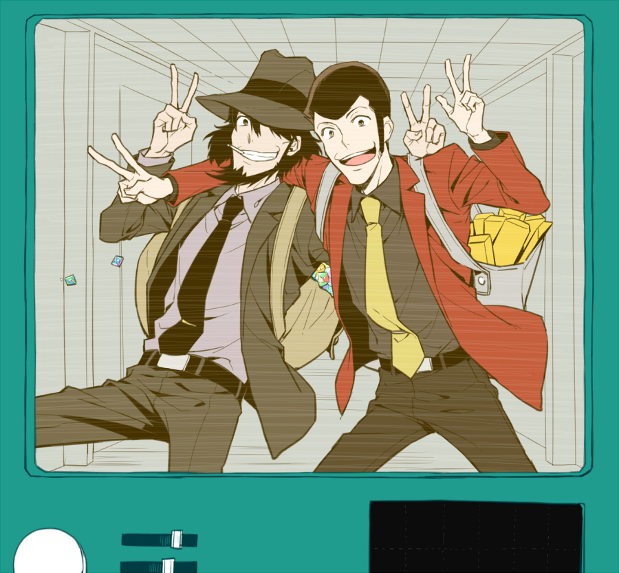 2boys arsene_lupin_iii bag beard black_hair cigarette clenched_teeth facial_hair formal gold_bar hand_on_another's_shoulder hat hoyano_(maimai) jigen_daisuke lupin_iii male_focus monitor multiple_boys necktie open_mouth short_hair sideburns smile suit teeth theft v