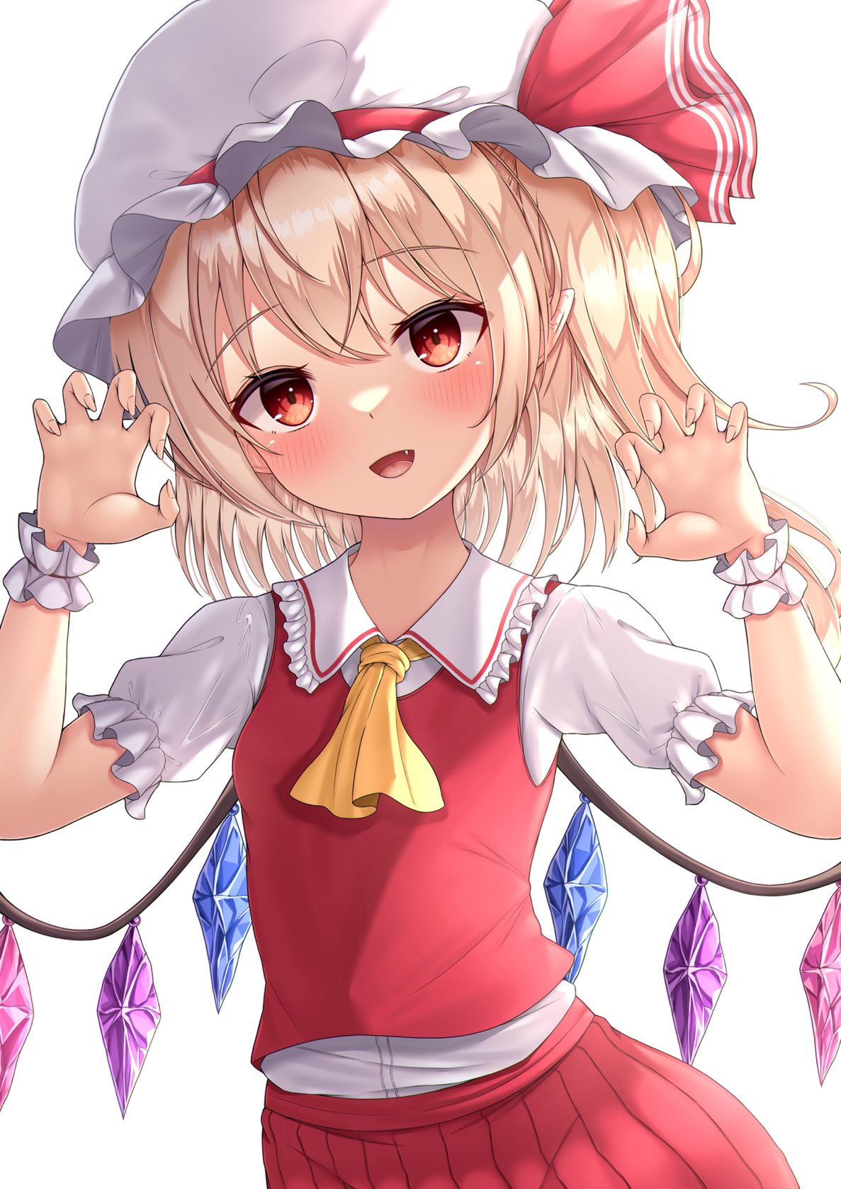 1girl :d ascot blonde_hair crystal fang flandre_scarlet hat hat_ribbon highres looking_at_viewer mob_cap one_side_up open_mouth red_eyes red_ribbon red_skirt red_vest reijing_etrn ribbon shirt short_hair short_sleeves simple_background skirt smile solo touhou vest white_background white_headwear white_shirt wings wrist_cuffs yellow_ascot