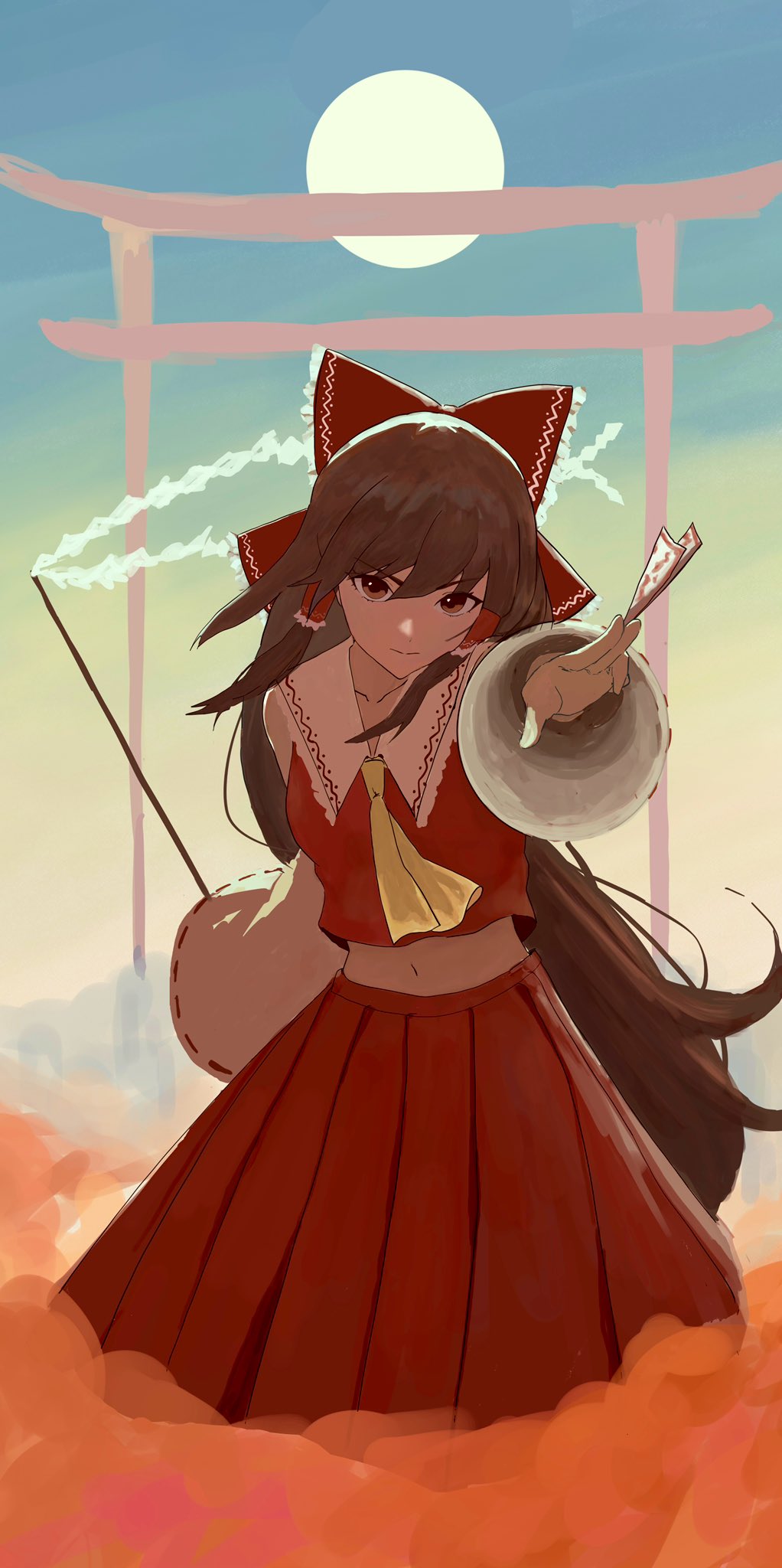 1girl aremen bangs bare_shoulders blue_sky bow brown_eyes closed_mouth gohei hair_bow hakurei_reimu highres holding holding_gohei japanese_clothes long_hair looking_at_viewer miko navel neckerchief ofuda one-hour_drawing_challenge outdoors red_bow red_shirt red_skirt shirt skirt sky smoke solo sun touhou white_sleeves yellow_neckerchief