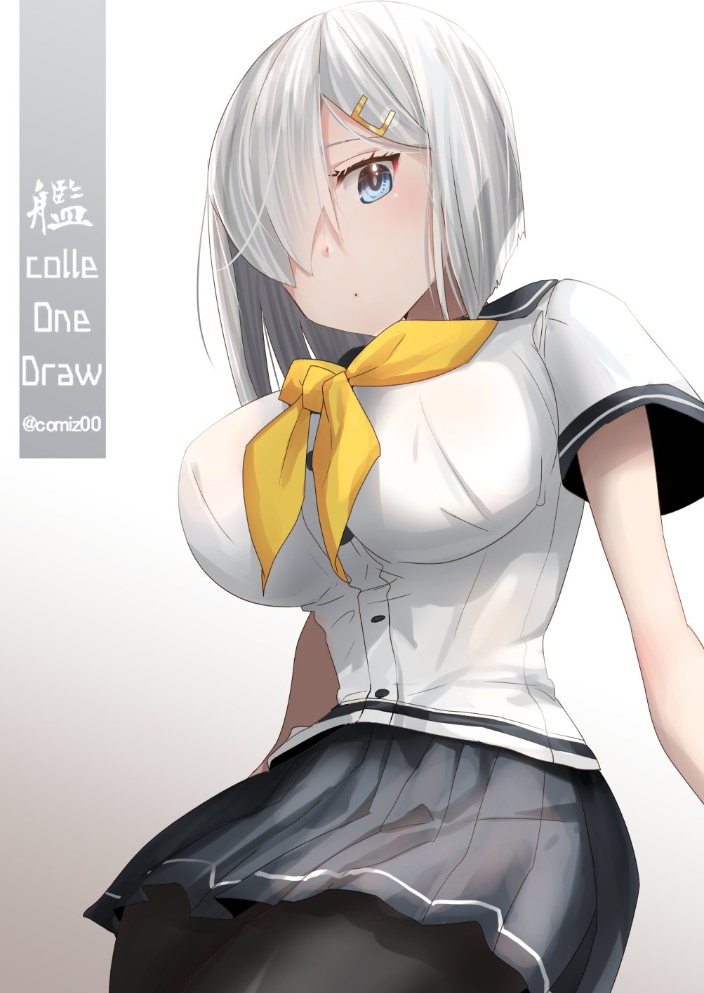 1girl black_pantyhose blue_eyes breasts commentary_request cowboy_shot gloves gradient gradient_background grey_background grey_hair grey_sailor_collar grey_skirt hair_ornament hair_over_one_eye hairclip hamakaze_(kancolle) highres kantai_collection kimura_shiki large_breasts neckerchief one-hour_drawing_challenge pantyhose pleated_skirt sailor_collar short_hair simple_background skirt solo white_background white_gloves yellow_neckerchief