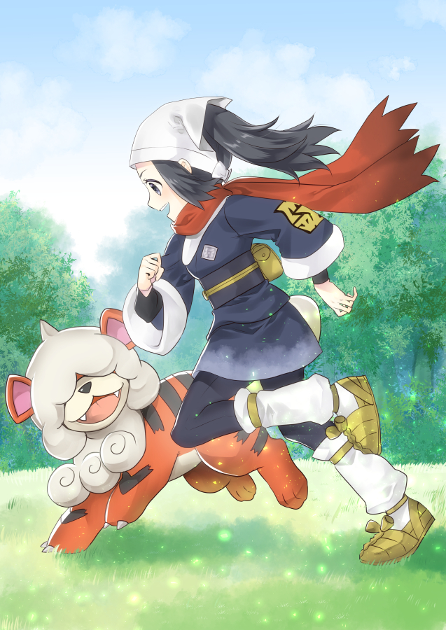 1girl :d akari_(pokemon) black_hair brown_footwear clouds commentary_request day floating_scarf from_side grass grey_jacket grey_skirt head_scarf hisuian_growlithe jacket leg_up logo loose_socks morisawa_machi open_mouth outdoors pantyhose pokemon pokemon_(creature) pokemon_(game) pokemon_legends:_arceus ponytail running scarf shoes skirt sky smile socks standing teeth upper_teeth white_headwear white_socks