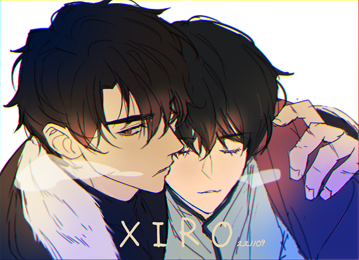 2boys artist_name bangs black_hair breath brown_eyes closed_eyes dated hair_between_eyes hand_on_another's_shoulder kim_dokja looking_to_the_side male_focus multiple_boys omniscient_reader's_viewpoint parted_lips short_hair simple_background upper_body white_background xiro yoo_joonghyuk