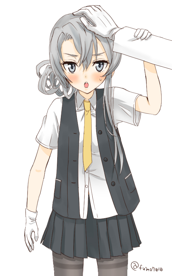 1girl 1other asymmetrical_hair bangs black_pantyhose black_skirt black_vest collared_shirt cowboy_shot dress_shirt flipped_hair gloves grey_eyes hand_on_another's_head kantai_collection kujira_naoto looking_at_viewer necktie nowaki_(kancolle) pantyhose petting pleated_skirt shirt simple_background skirt solo_focus swept_bangs thighband_pantyhose vest white_background white_gloves white_shirt yellow_necktie