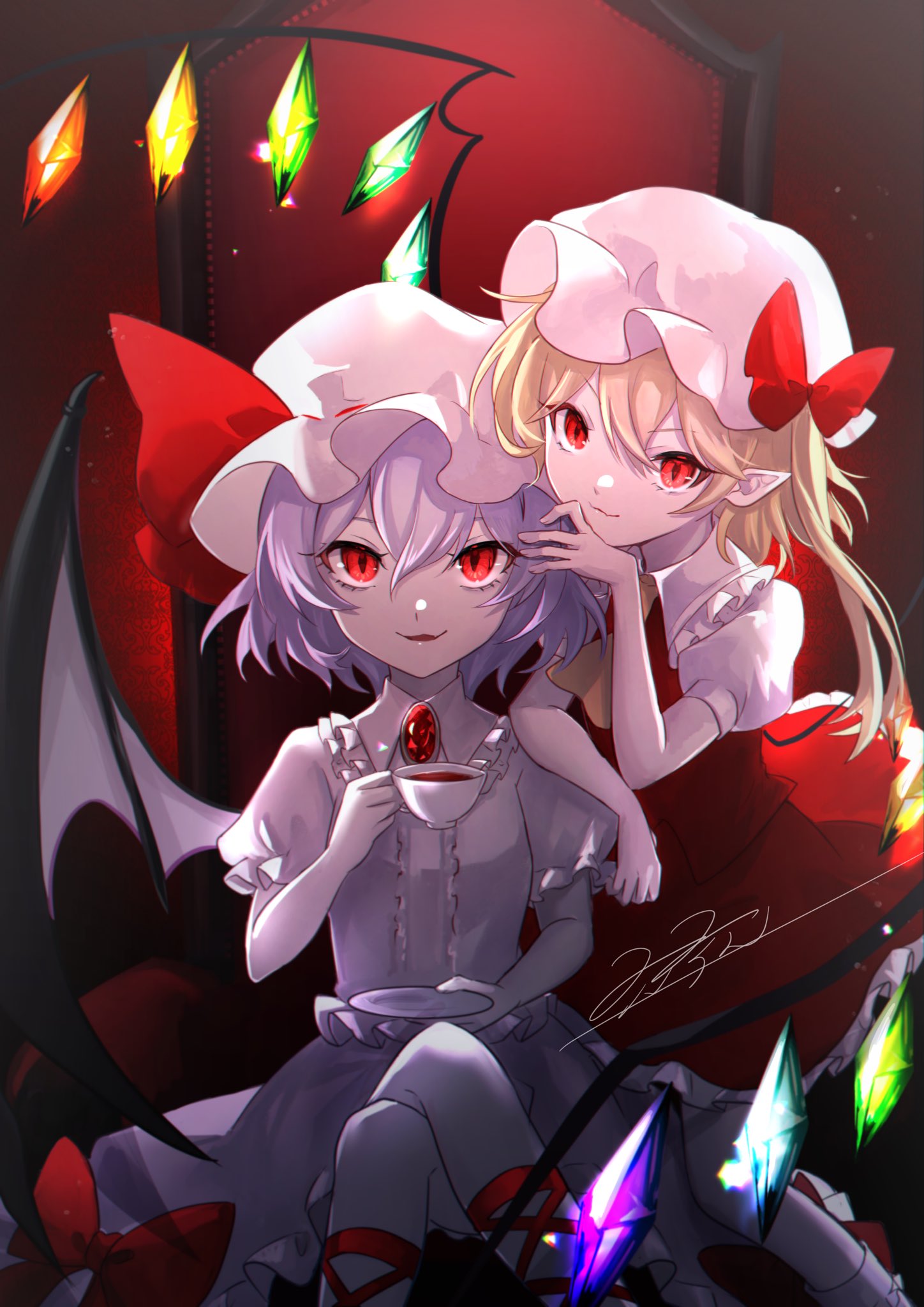 2girls blonde_hair chair crossed_legs crystal cup flandre_scarlet hat hat_ribbon highres holding holding_cup looking_at_viewer mob_cap multiple_girls one_side_up purple_hair red_eyes red_ribbon remilia_scarlet ribbon rokuya_(68_zusao) short_hair short_sleeves siblings signature sisters sitting teacup touhou wings