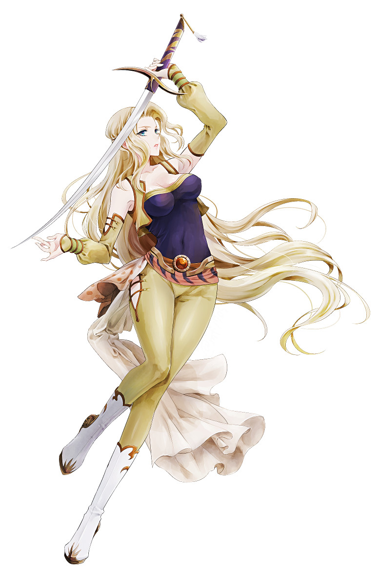 1girl arm_up bangs blonde_hair blue_eyes blue_shirt boots breasts celes_chere cropped_vest detached_sleeves female final_fantasy final_fantasy_vi full_body gold_trim greatsword hand_up holding holding_sword holding_weapon long_hair mii_(aad378) pants parted_bangs saber_(weapon) shirt simple_background sleeveless sleeveless_shirt solo strapless strapless_shirt sword tassel vest waist_cape wavy_hair weapon white_background white_footwear yellow_pants yellow_vest