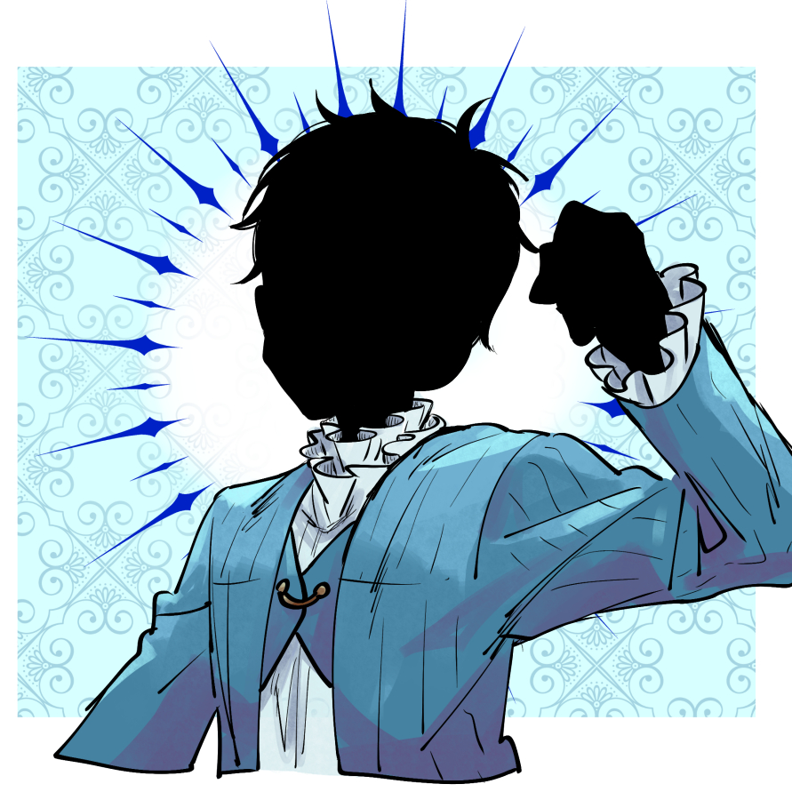 1boy arm_up black_hair black_skin blue_jacket colored_skin frills hii_(hii101) jacket john_(shadows_house) long_sleeves shadow_(shadows_house) shadows_house shirt short_hair solo white_shirt