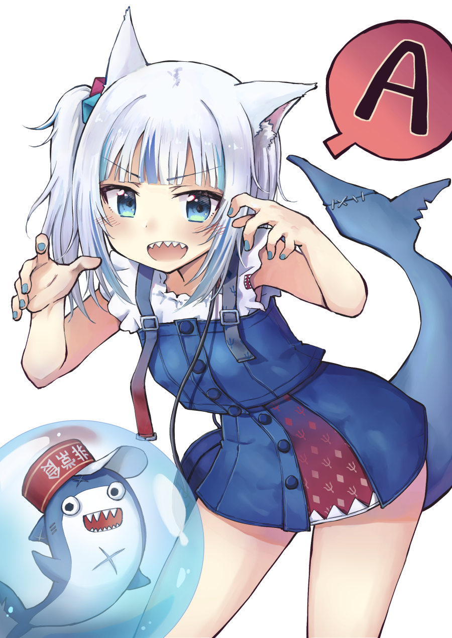 1girl animal_ears bag bangs bloop_(gawr_gura) blue_eyes blue_hair blunt_bangs casual cat_ears cube_hair_ornament fish_tail gawr_gura grey_hair hair_ornament hat highres hololive hololive_english long_hair looking_at_viewer medium_hair multicolored_hair nean official_alternate_costume shark shark_girl shark_tail sharp_teeth short_sleeves shoulder_bag side_ponytail streaked_hair tail teeth virtual_youtuber