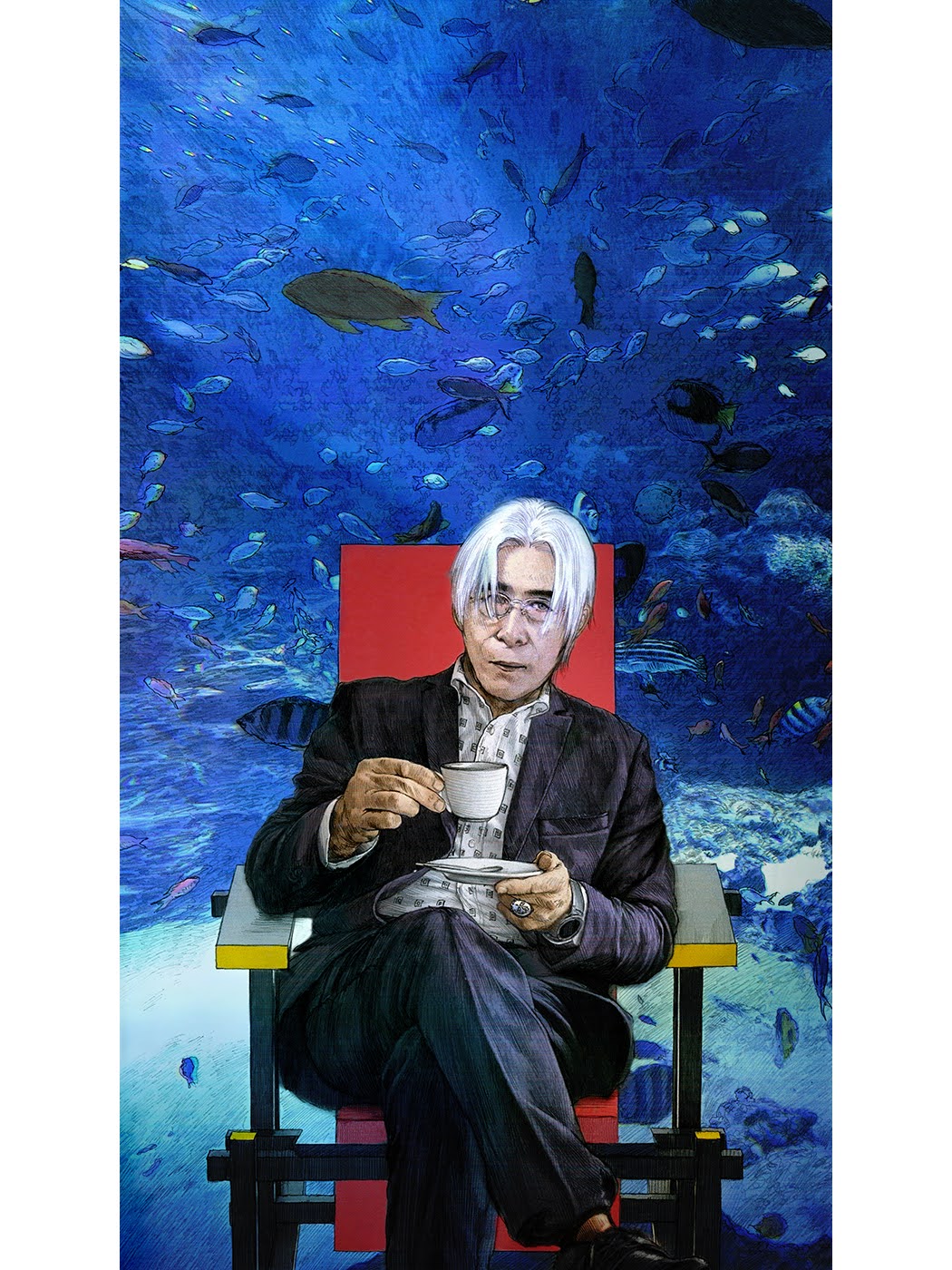 1boy black_suit chair crossed_legs cup formal highres hirasawa_susumu holding holding_cup jewelry long_sleeves looking_at_viewer male_focus maya_ishii old old_man pillarboxed real_life ring sitting solo spoon suit tropical_fish white_hair