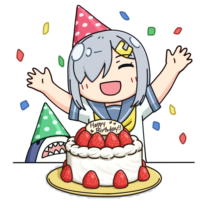 birthday_cake cake closed_eyes commentary_request facing_viewer food fruit grey_hair grey_sailor_collar hair_ornament hair_over_one_eye hairclip hama!_(3toshinhmkz) hamakaze_(kancolle) happy_birthday hat kantai_collection neckerchief no_nose outstretched_arms party_hat sailor_collar school_uniform serafuku short_hair simple_background strawberry stuffed_animal stuffed_shark stuffed_toy white_background yellow_neckerchief