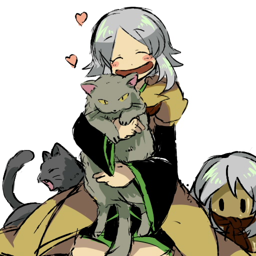 1other androgynous animal ascot black_sleeves blush brown_ascot brown_coat cat closed_eyes coat grey_eyes grey_hair holding holding_animal holding_cat houlen_yabusame houlen_yabusame_(slime) kuyako layered_sleeves len'en long_sleeves multiple_cats open_mouth puffy_short_sleeves puffy_sleeves short_hair short_hair_with_long_locks short_over_long_sleeves short_sleeves shorts slime_(creature) smile solo wide_sleeves