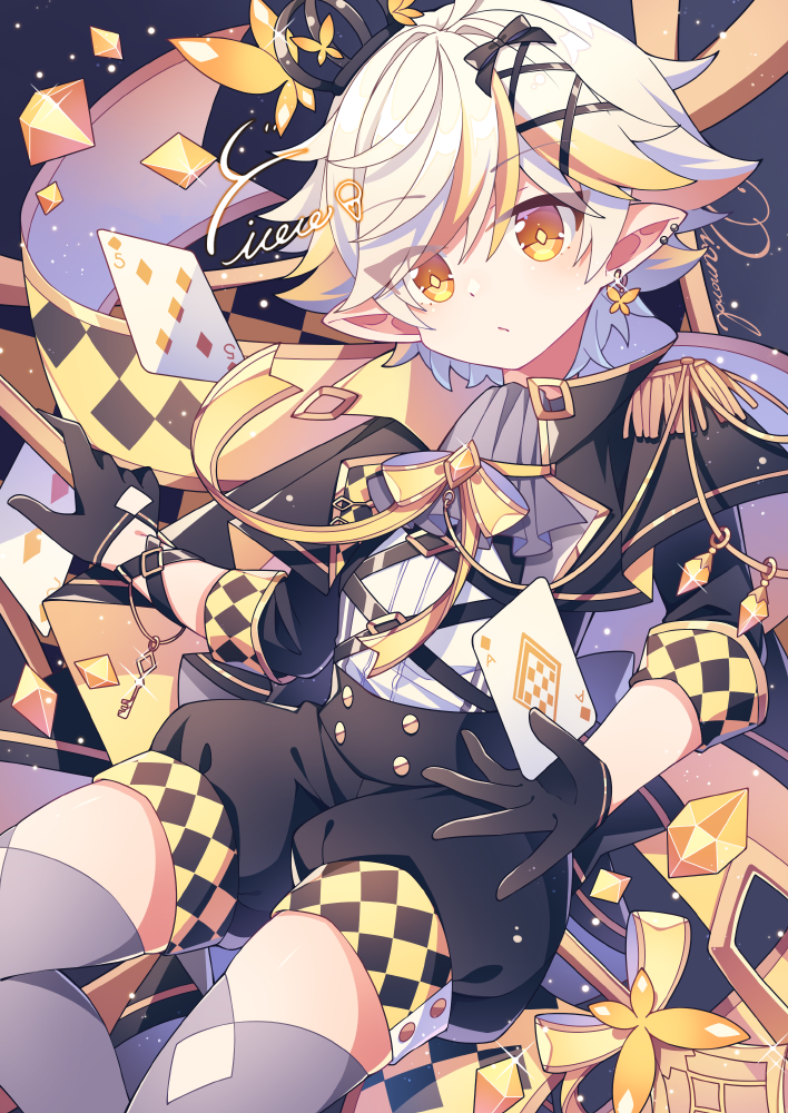 1boy argyle ascot bangs blonde_hair bow bracelet bug butterfly butterfly_earrings card earrings epaulettes frown gloves hair_bow hair_ribbon half_gloves high_collar hyou_(pixiv3677917) jacket jewelry key male_focus multicolored_hair multiple_earrings neck_ribbon original playing_card pointy_ears polearm puffy_shorts ribbon short_hair shorts sleeve_cuffs solo spear streaked_hair suspender_shorts suspenders thigh-highs two-tone_hair weapon white_hair yellow_eyes