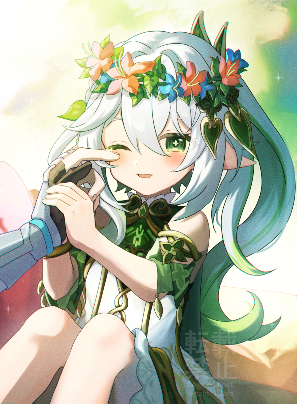 2girls ;d armguards bangs bloomers commentary_request crying crying_with_eyes_open detached_sleeves dress enoki_hatoko genshin_impact gradient_hair green_eyes hair_between_eyes hair_ornament head_wreath highres knees_up long_hair looking_at_viewer lumine_(genshin_impact) multicolored_hair multiple_girls nahida_(genshin_impact) one_eye_closed out_of_frame pointy_ears short_sleeves side_ponytail sidelocks sitting smile solo_focus symbol-shaped_pupils tears underwear white_dress white_hair wiping_tears
