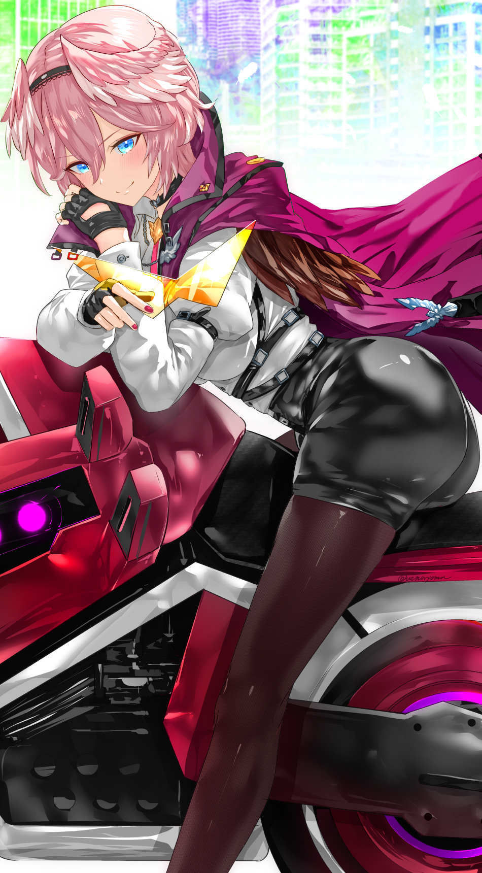 anniversary black_shorts blue_eyes cape choker closed_mouth fingerless_gloves from_side gloves ground_vehicle hair_wings hairband head_wings highres hololive kamina_shades legwear_under_shorts long_sleeves motor_vehicle motorcycle pantyhose pink_hair puffy_long_sleeves puffy_sleeves red_nails shiny shiny_clothes short_hair shorts sitting smile takane_lui taut_clothes uenoryoma virtual_youtuber