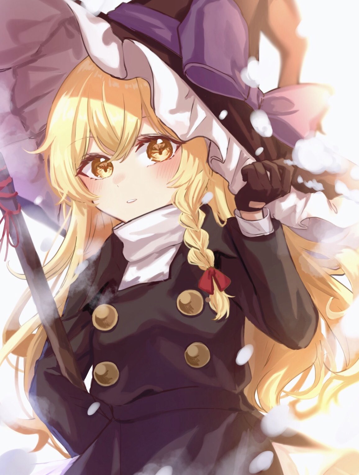 1girl adapted_costume backlighting bangs blonde_hair bloom blurry blush bow braid broom buttons cowboy_shot depth_of_field flat_chest frills from_below gloves hair_between_eyes hand_up hat hat_bow highres holding holding_broom kirisame_marisa light_smile long_hair long_sleeves looking_at_viewer parted_lips purple_bow simple_background solo teeth touhou turtleneck very_long_hair white_background witch_hat yellow_eyes yomogi_9392
