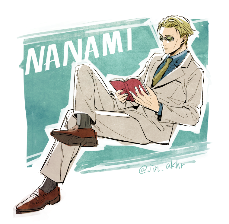 1boy black_socks blonde_hair book brown_footwear character_name collared_shirt formal full_body goggles grey_jacket grey_pants grey_suit holding holding_book jacket jin_akhr jujutsu_kaisen long_sleeves male_focus nanami_kento necktie open_book pants shirt short_hair sitting socks solo suit twitter_username yellow_necktie