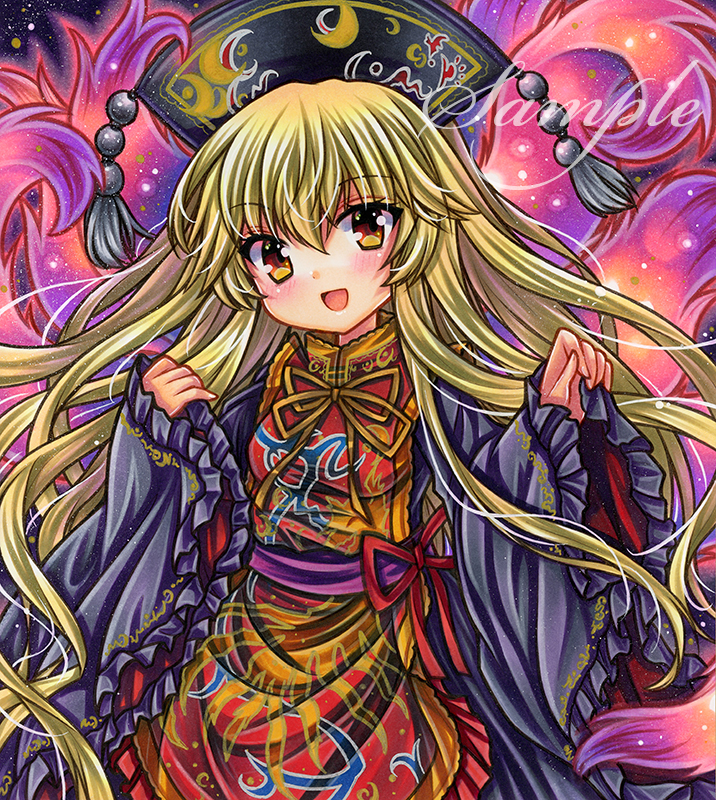 1girl :d bangs black_dress black_headwear blonde_hair blush breasts cowboy_shot crescent_print dress embellished_costume frilled_dress frills hands_up junko_(touhou) long_hair long_sleeves looking_at_viewer marker_(medium) neck_ribbon open_mouth phoenix_crown pinching_sleeves print_tabard red_eyes red_ribbon red_tabard ribbon rui_(sugar3) sample_watermark sleeves_past_wrists small_breasts smile solo standing tabard tassel touhou traditional_media very_long_hair wide_sleeves yellow_ribbon