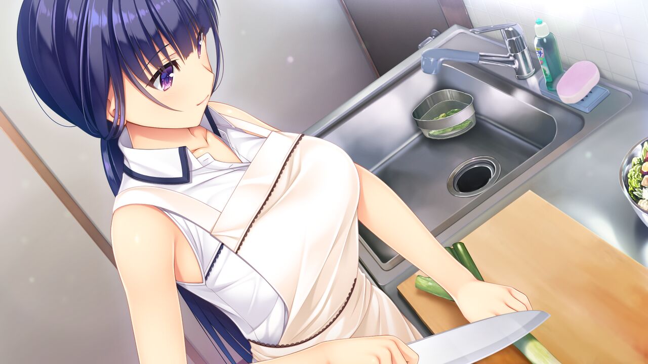 1girl apron asami_asami bangs bare_arms blue_hair closed_mouth collarbone collared_shirt cooking fujisaki_haruka game_cg holding holding_knife indoors kitchen knife long_hair low_ponytail natural_vacation shiny shiny_hair shirt sleeveless sleeveless_shirt smile solo standing upper_body violet_eyes white_apron white_shirt wing_collar