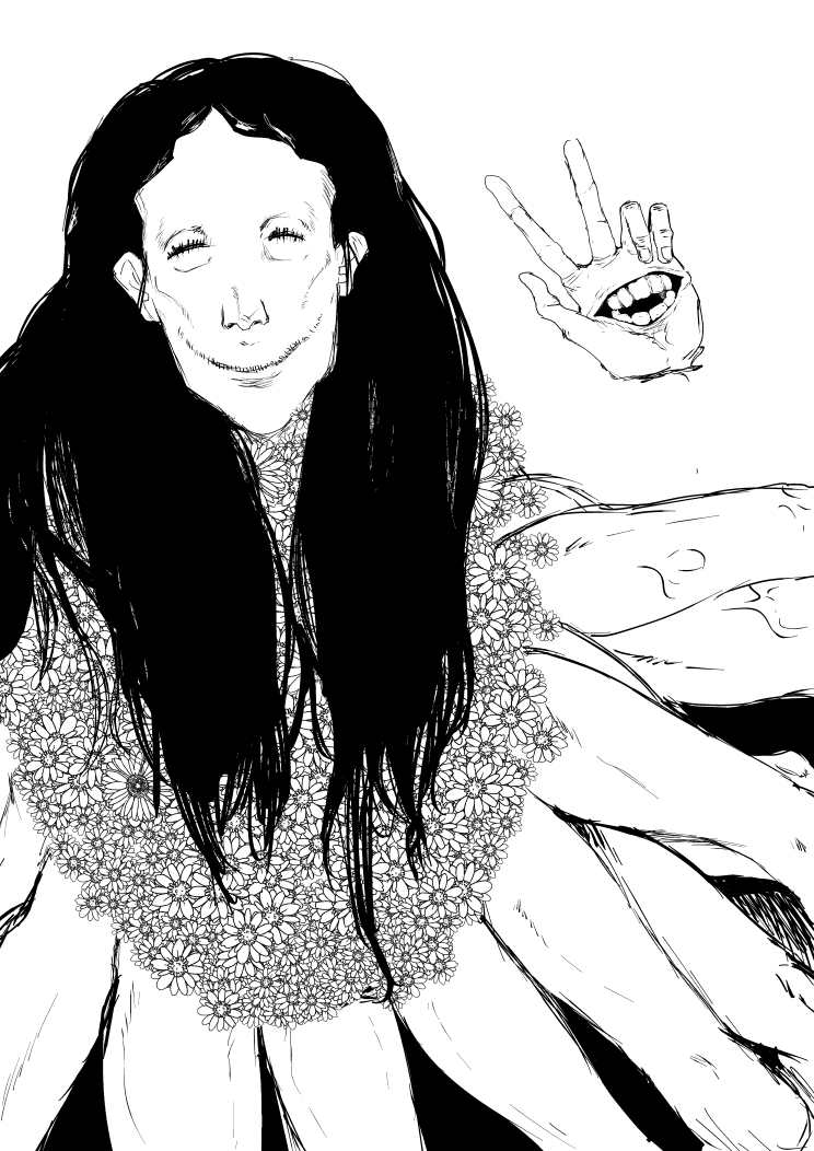 1other black_hair chainsaw_man disembodied_limb extra_arms facing_viewer flower fujou_joshi ghost_devil_(chainsaw_man) greyscale hand_mouth hand_up long_hair monochrome simple_background smile solo stitched_eye stitched_face stitched_mouth stitches v white_background