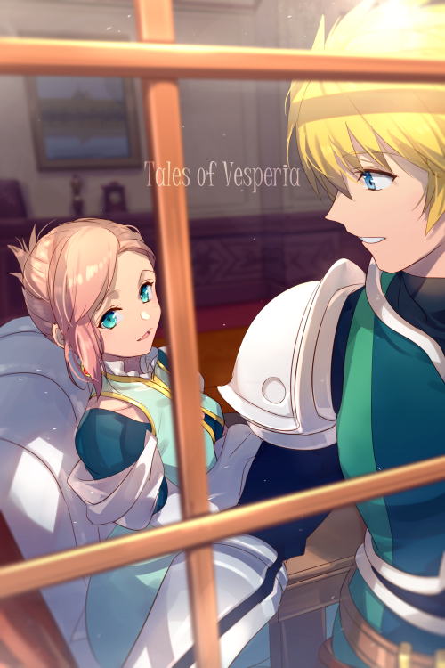 1boy 1girl blonde_hair blue_eyes breasts chair character_request clock desk echo_(circa) flynn_scifo green_eyes open_mouth painting_(object) short_hair smile tales_of_(series) tales_of_vesperia window