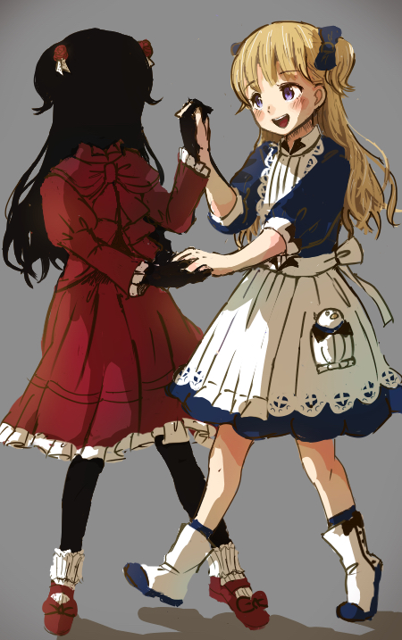 2girls apron blonde_hair blue_bow blue_dress blue_eyes boots bow center_frills chuchi commentary_request dancing dress emilico_(shadows_house) flower footwear_bow frilled_apron frilled_socks frills full_body grey_background hair_bow hair_flower hair_ornament hair_ribbon holding_hands juliet_sleeves kate_(shadows_house) long_hair long_sleeves looking_at_another mary_janes multiple_girls open_mouth petticoat puffy_sleeves red_bow red_dress red_flower red_footwear red_rose ribbon rose shadow_(shadows_house) shadows_house shoes short_sleeves simple_background smile socks standing two_side_up white_apron white_footwear white_ribbon
