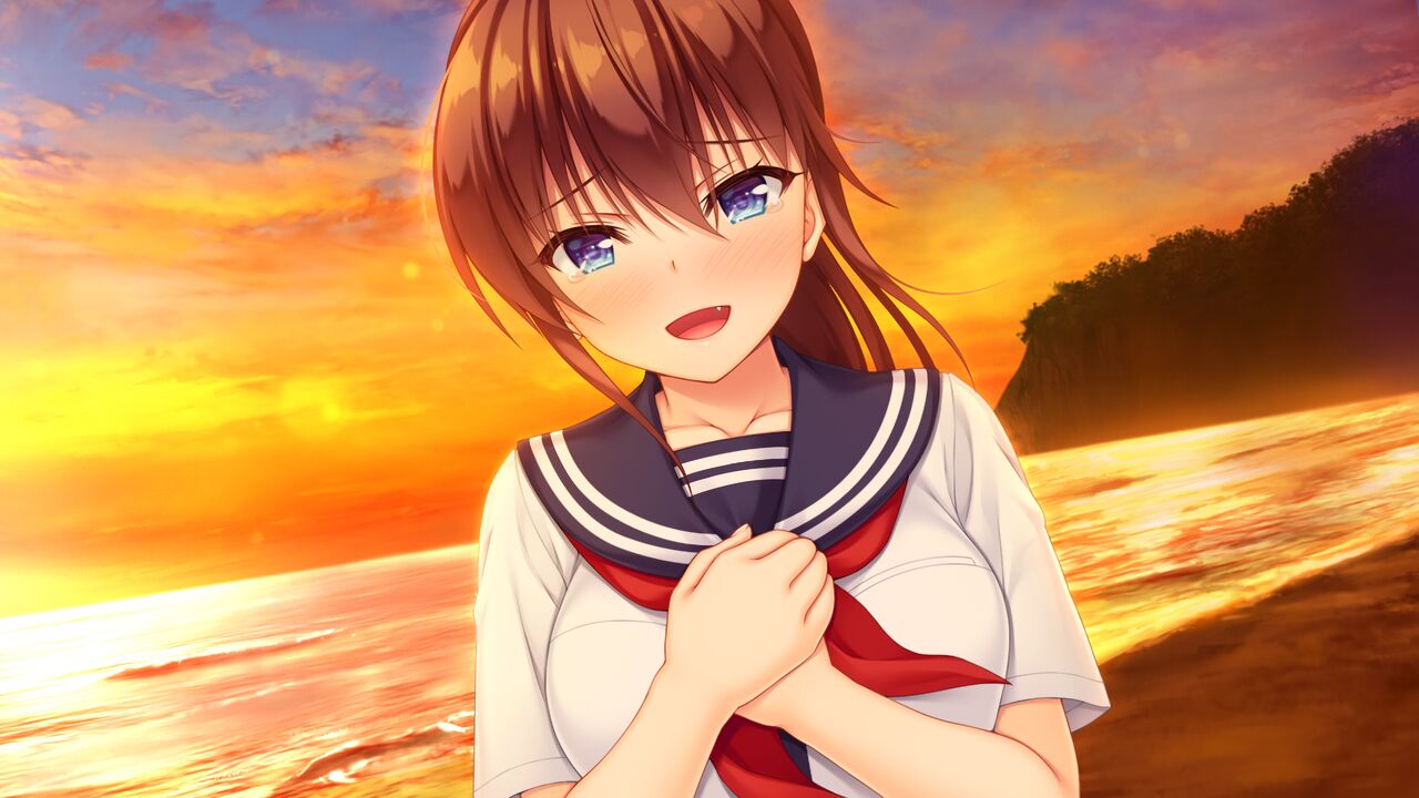 1girl :d asami_asami beach black_sailor_collar blue_eyes blush brown_hair cliff collared_shirt dusk fang game_cg hair_between_eyes hands_on_own_chest long_hair looking_at_viewer natural_vacation neckerchief ocean outdoors ponytail red_neckerchief sailor_collar sailor_shirt sarashina_yuzuki school_uniform serafuku shiny shiny_hair shirt short_sleeves smile solo tears upper_body white_shirt