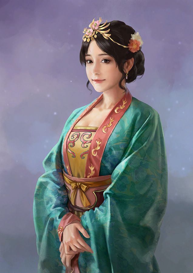 1girl black_eyes brown_hair china_dress chinese_clothes dress earrings flower flower_on_head hanfu jewelry sangokushi sangokushi_koei