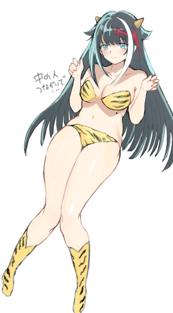 1girl azur_lane bikini black_choker black_hair blue_eyes blush boots choker cosplay deutschland_(azur_lane) lum lum_(cosplay) mole multicolored_hair strapless strapless_bikini streaked_hair swimsuit takeakigaku thick_thighs thighs tiger_stripes urusei_yatsura