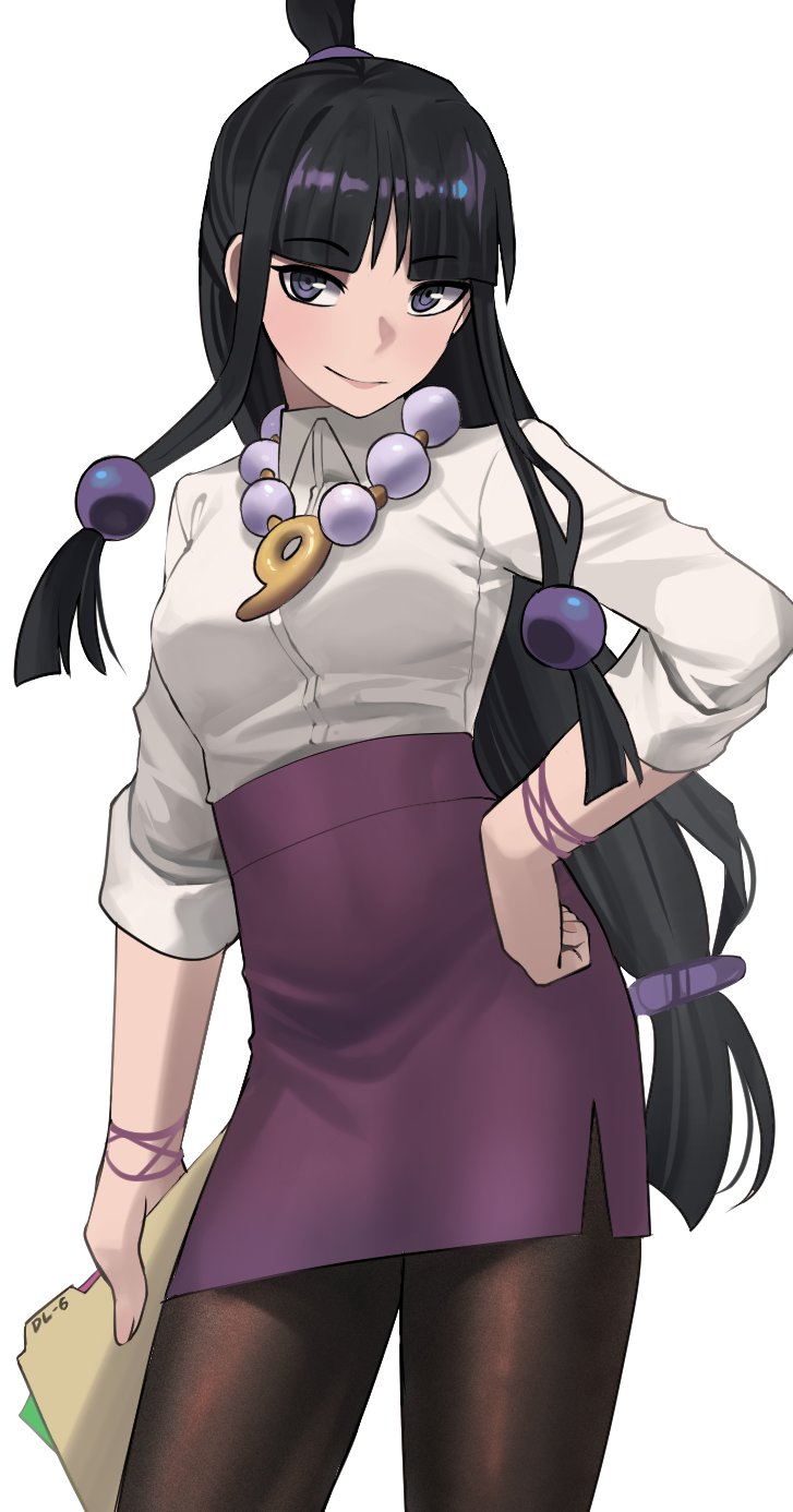 1girl ace_attorney bangs beads black_hair blunt_bangs brown_pantyhose closed_mouth collared_shirt commentary cowboy_shot folder grey_eyes hair_beads hair_ornament hand_on_hip high-waist_skirt highres holding holding_folder jewelry jourd4n long_hair maya_fey necklace office_lady pantyhose parted_bangs purple_skirt shirt sidelocks simple_background skirt sleeves_rolled_up smile solo white_background