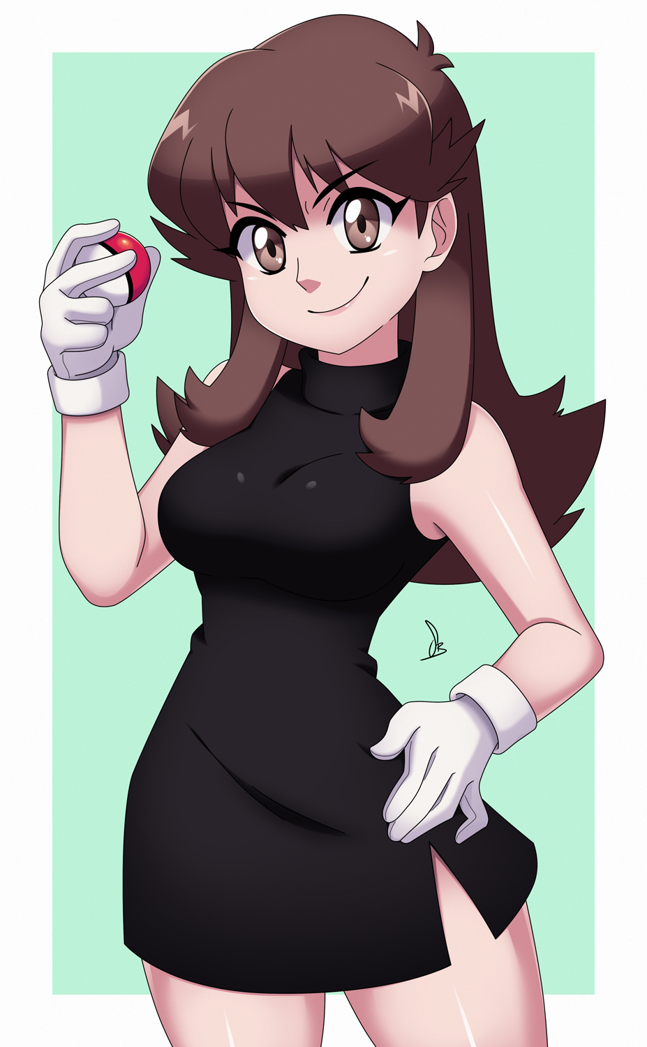 1girl alternate_eye_color armpits bangs bare_shoulders black_dress border breasts brown_eyes brown_hair clenched_hand dress earrings eyelashes fingers gloves green_(pokemon) green_background hand_on_hip hand_up happy highres holding holding_poke_ball jewelry legs long_hair looking_at_viewer medium_breasts neck nintendo parted_bangs poke_ball pokemon pokemon_adventures scott_bennett shiny shiny_clothes shiny_hair shiny_skin short_dress side_slit sidelocks signature simple_background sleeveless sleeveless_dress sleeveless_turtleneck smile solo standing thighs tight tight_dress turtleneck turtleneck_dress white_gloves