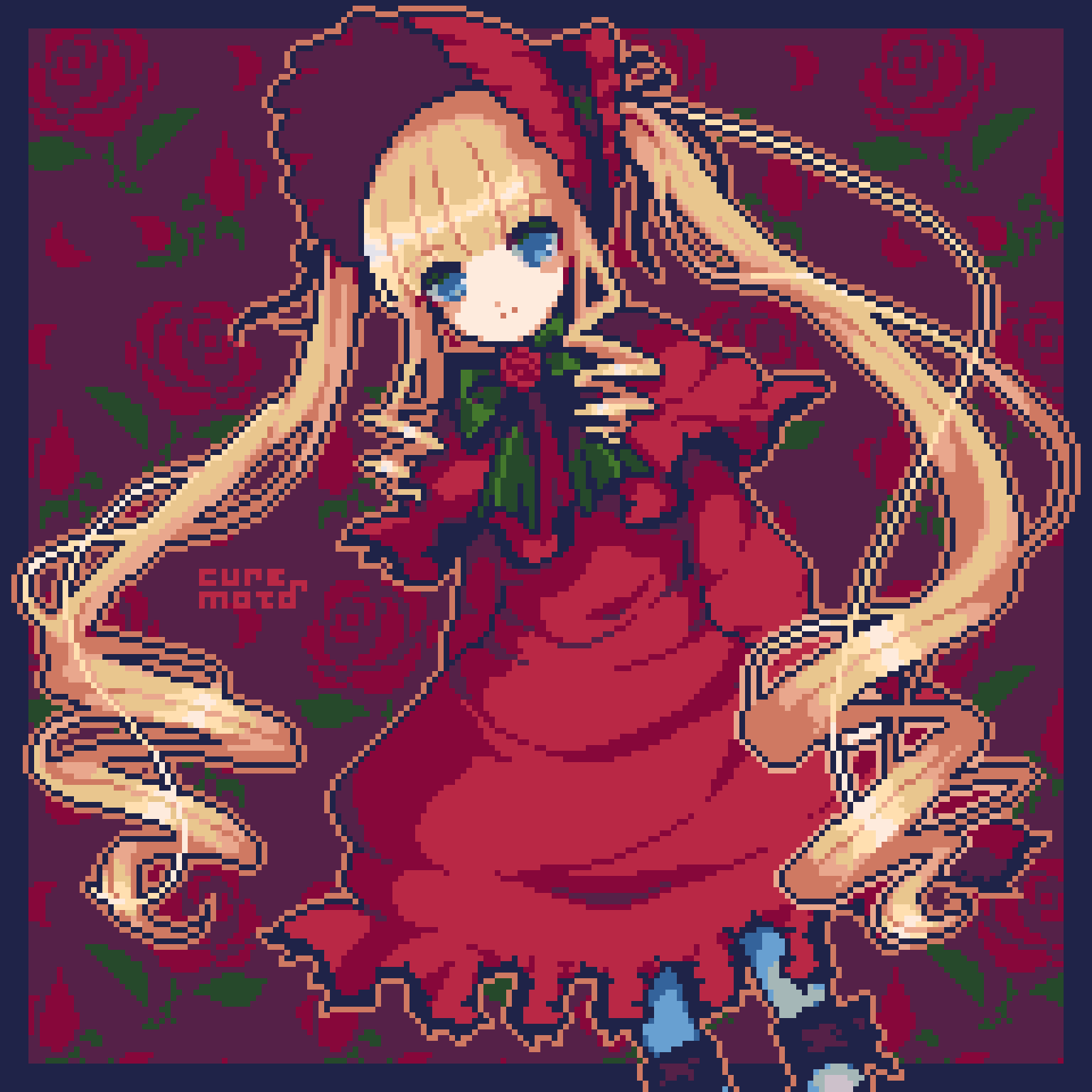 1girl bangs blonde_hair blue_eyes bonnet bow bowtie capelet dress drill_hair flower flower_ornament frilled_dress frilled_sleeves frills green_bow green_bowtie highres kyua_moto lolita_fashion long_hair long_sleeves pixel_art red_capelet red_dress red_flower red_headwear red_rose rose rozen_maiden shinku sidelocks solo twintails