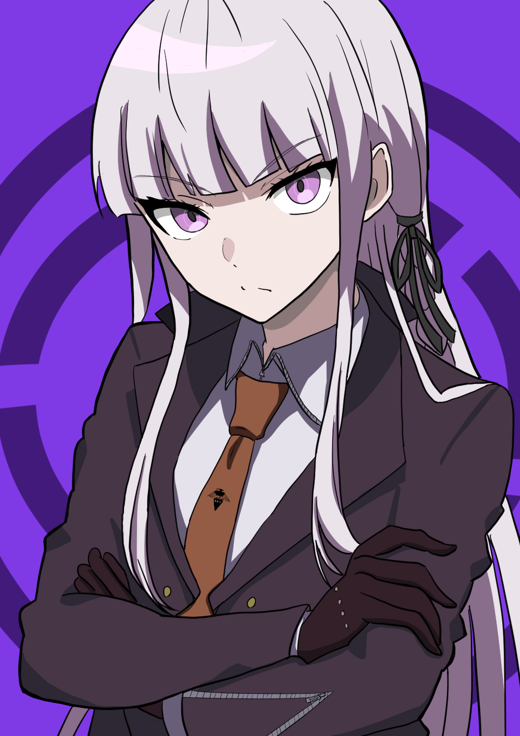 1girl bangs black_gloves black_jacket black_ribbon blunt_bangs braid brown_necktie collared_shirt crossed_arms danganronpa:_trigger_happy_havoc danganronpa_(series) frown gloves grey_shirt hair_ribbon highres jacket kirigiri_kyouko long_hair looking_at_viewer necktie pink_eyes purple_background rebe_(udan551) ribbon shiny shiny_hair shirt solo upper_body