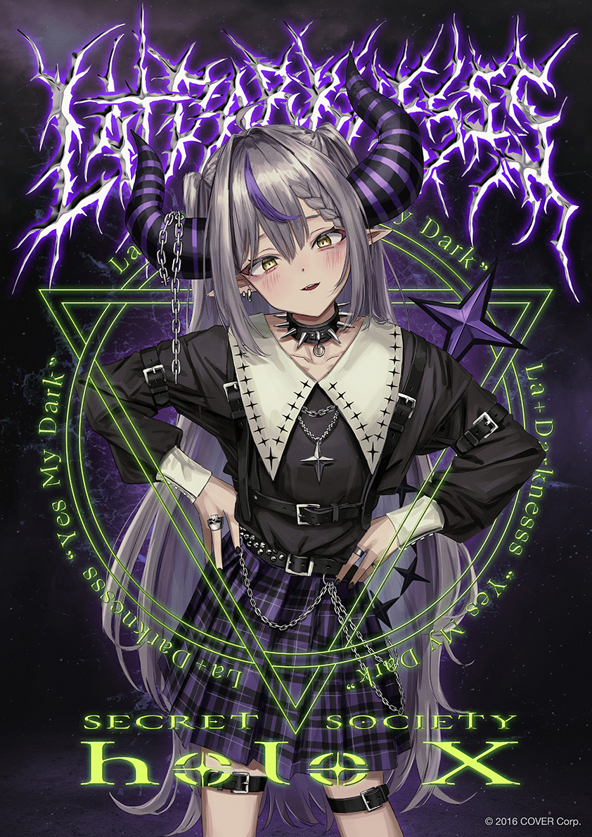 1girl ahoge arm_belt bangs belt blush braid braided_bangs chain collar collarbone cowboy_shot dark_background demon_girl demon_horns earrings grey_hair hands_on_hips head_tilt high_belt hololive holox horns jewelry la+_darknesss leaning_forward leg_belt light_smile long_hair long_sleeves magic_circle multicolored_hair multiple_belts nadegata necklace parted_lips plaid plaid_skirt pointy_ears puffy_sleeves purple_hair purple_skirt ring skirt sleeve_cuffs slit_pupils solo spiked_collar spikes star_(symbol) star_necklace streaked_hair thigh_belt thigh_strap twintails very_long_hair virtual_youtuber yellow_eyes