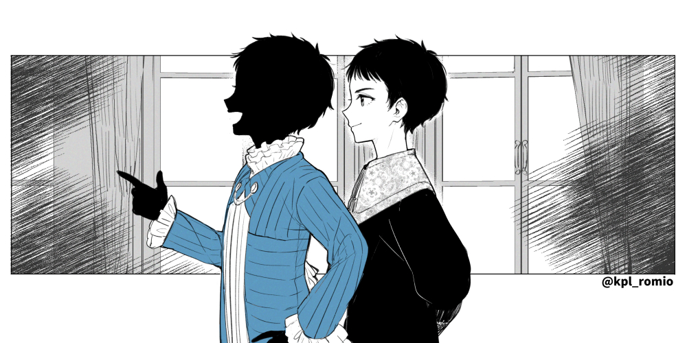 2boys black_hair black_skin blue_eyes blue_jacket colored_skin jacket john_(shadows_house) long_sleeves male_focus multiple_boys profile romion shadow_(shadows_house) shadows_house shaun_(shadows_house) shirt short_hair smile standing upper_body white_shirt