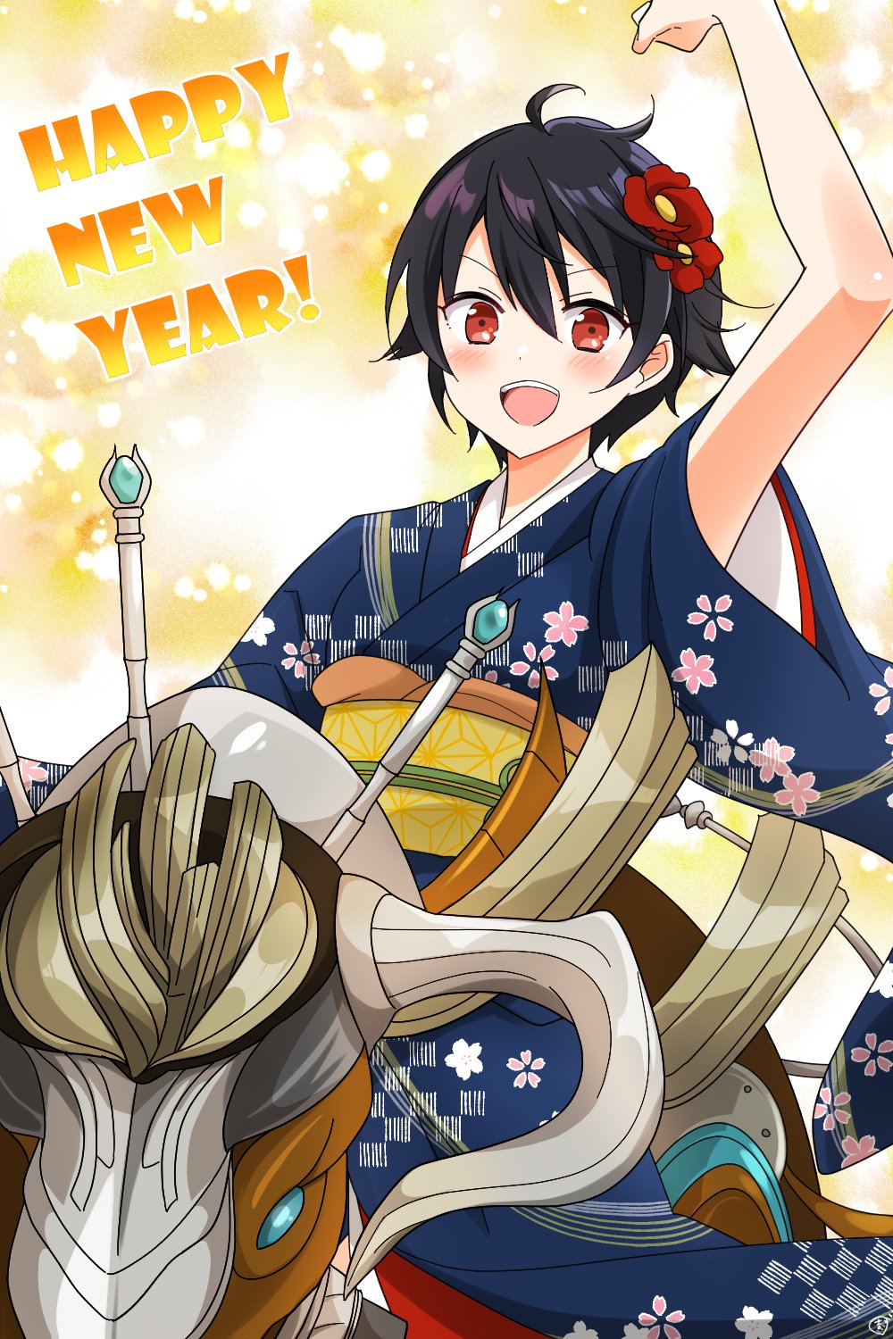 1girl :d alternate_costume arm_up artist_name bangs black_hair blue_kimono blush bull chinese_zodiac commentary cow cowboy_shot english_text enkichi_totan flower hair_between_eyes hair_flower hair_ornament happy_new_year hibiscus highres japanese_clothes kimono looking_at_viewer megido72 messy_hair new_year obi open_mouth red_eyes red_flower riding sash short_hair signature smile solo teeth tomboy upper_teeth v-shaped_eyebrows year_of_the_ox yellow_background yellow_sash zagan_(megido72)