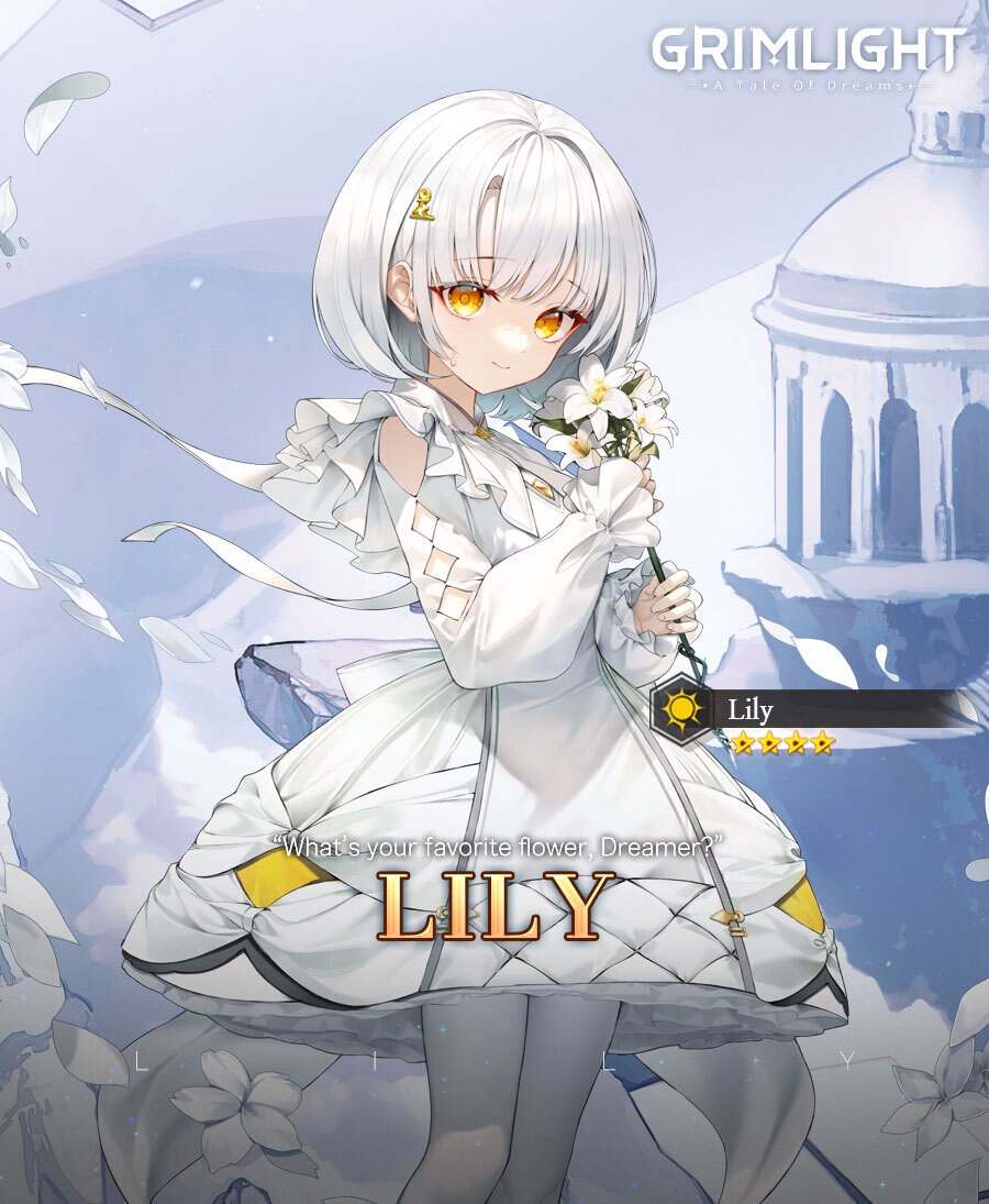 1girl bangs clothing_cutout dress english_commentary flower frilled_sleeves frills grimlight hair_ornament hairclip holding holding_flower lily_(flower) lily_(grimlight) long_sleeves looking_at_viewer official_art pantyhose short_hair shoulder_cutout smile solo sweat white_dress white_hair yellow_eyes