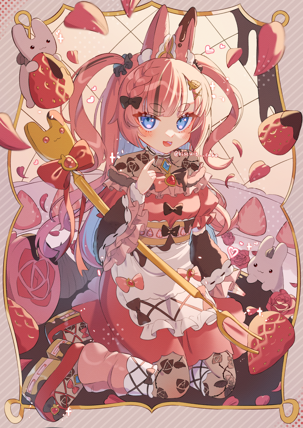 1girl :3 animal_ears apron artist_name bangs biscuit_cake black_bow blue_eyes border bow braid brown_background chocolate commentary crown_braid dress floral_print food fork fruit hair_bow hand_up heart highres kneeling long_hair looking_at_viewer open_mouth original oversized_object pantyhose pink_dress pink_hair platform_footwear pointing pointing_at_self rabbit rabbit_ears signature smile socks solo strawberry striped striped_background symbol-only_commentary twintails white_apron white_socks