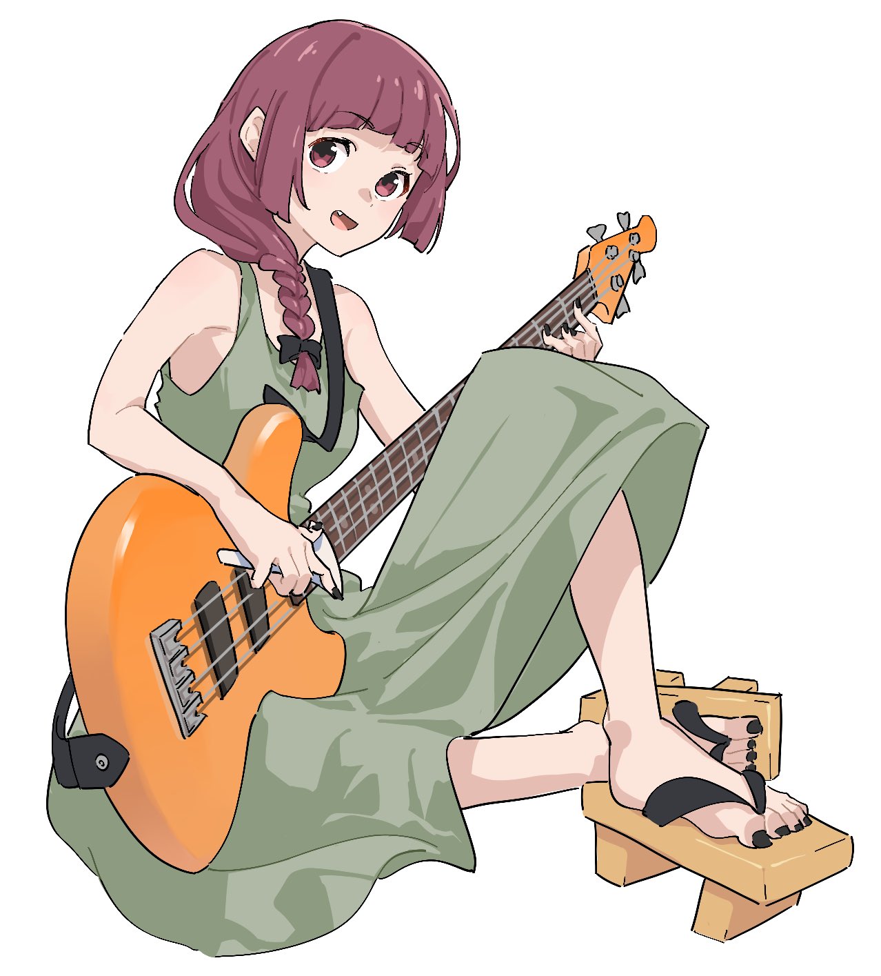 1girl :d bachi bare_arms bare_shoulders bass_guitar black_bow black_nails bocchi_the_rock! bow braid dress fang geta gochiwa green_dress hair_bow hair_over_shoulder highres hiroi_kikuri holding holding_instrument instrument looking_at_viewer music nail_polish playing_instrument plectrum red_eyes redhead simple_background single_braid smile solo sundress toenail_polish toenails white_background